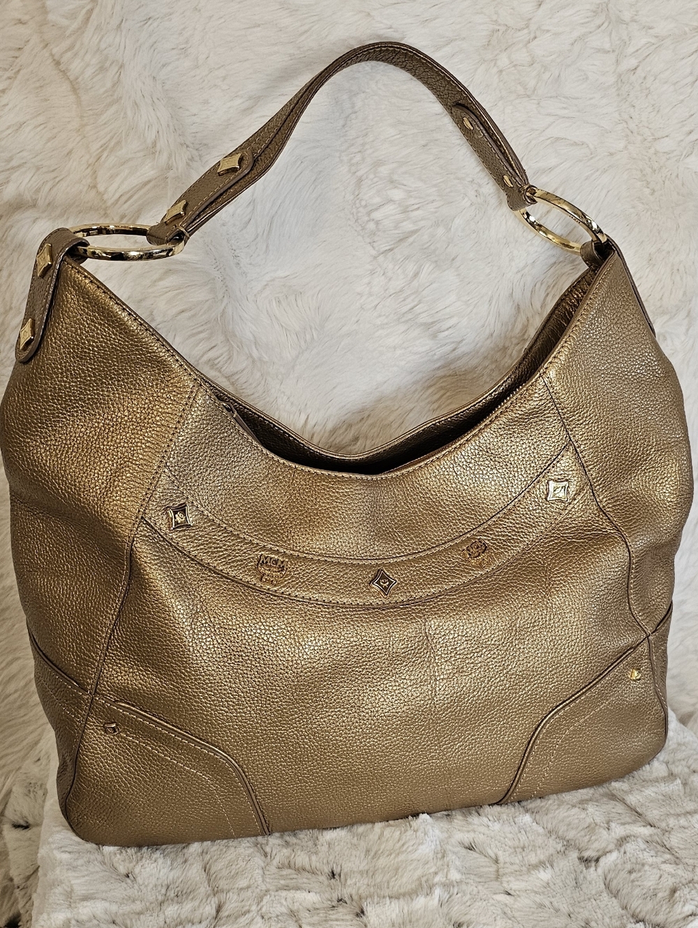 MCM Metallic Bronze Leather Hobo Bag - Women